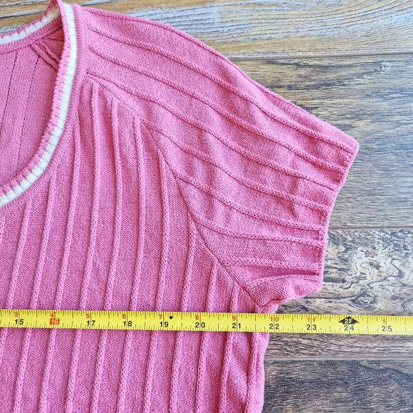 ST. JOHN Sport Wool Blend Santana Ribbed Knit Short Sleeve Sweater Top Pink - Picture 10 of 11